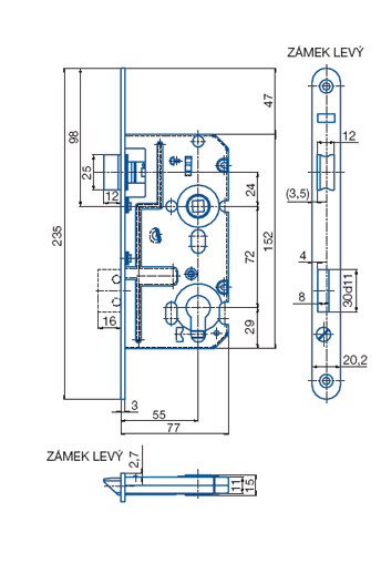 Zamok V7672/55/20mm L   HOBES K221